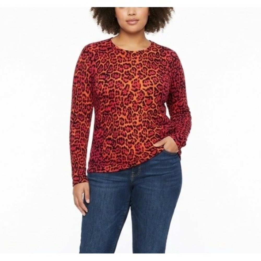 BCBGMAXAZRIA Leopard Print Knit Top XL Red Orange Animal Print Long‎ Sleeve
